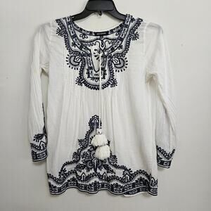 Max Edition Boho Peasant Style Blouse S Ivory Blue Embroidery Lg Beaded Pom Tie